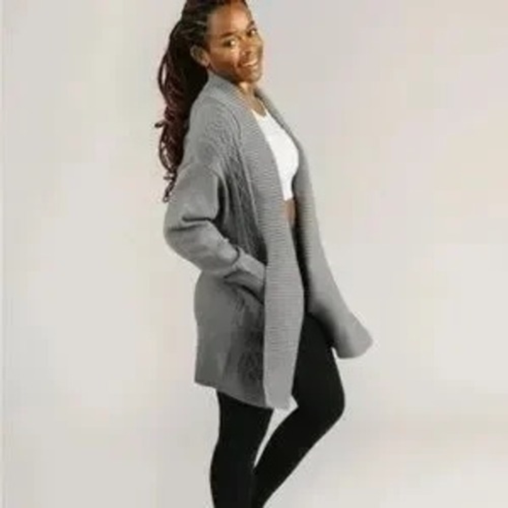 Zyia Active Sweater Womens XS Gray Cable Knit Shawl Collar Open Front Cardigan